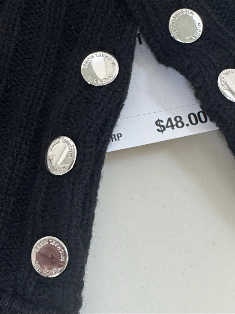 Michael Kors Black Ribbed Knit Gloves with Silver Button Detail